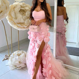 A line Sexy Sweetheart Sleeveless Pink Slit Flowers Prom Dress