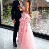 A line Sexy Sweetheart Sleeveless Pink Slit Flowers Prom Dress