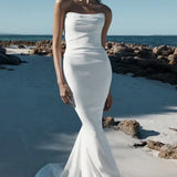 Sexy Elegant Beach Mermaid Sleeveless Satin Modern Western Solid White Button Back Floor Length Wedding Dress