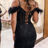 Sheath Off-Shoulder Feathers Appliques Lace-Up Homecoming Dress