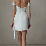 Sheath Off-The-Shoulder Short Mini Silk Like Satin Wedding Dresses