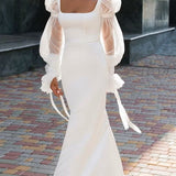 Mermaid Square Neckline Long Sleeves Satin Wedding Dresses