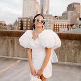 Sheath White Puff Sleeves Short V-Neck Wedding Dress