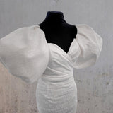 Sheath White Puff Sleeves Short V-Neck Wedding Dress