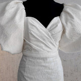 Sheath White Puff Sleeves Short V-Neck Wedding Dress