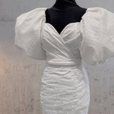 Sheath White Puff Sleeves Short V-Neck Wedding Dress