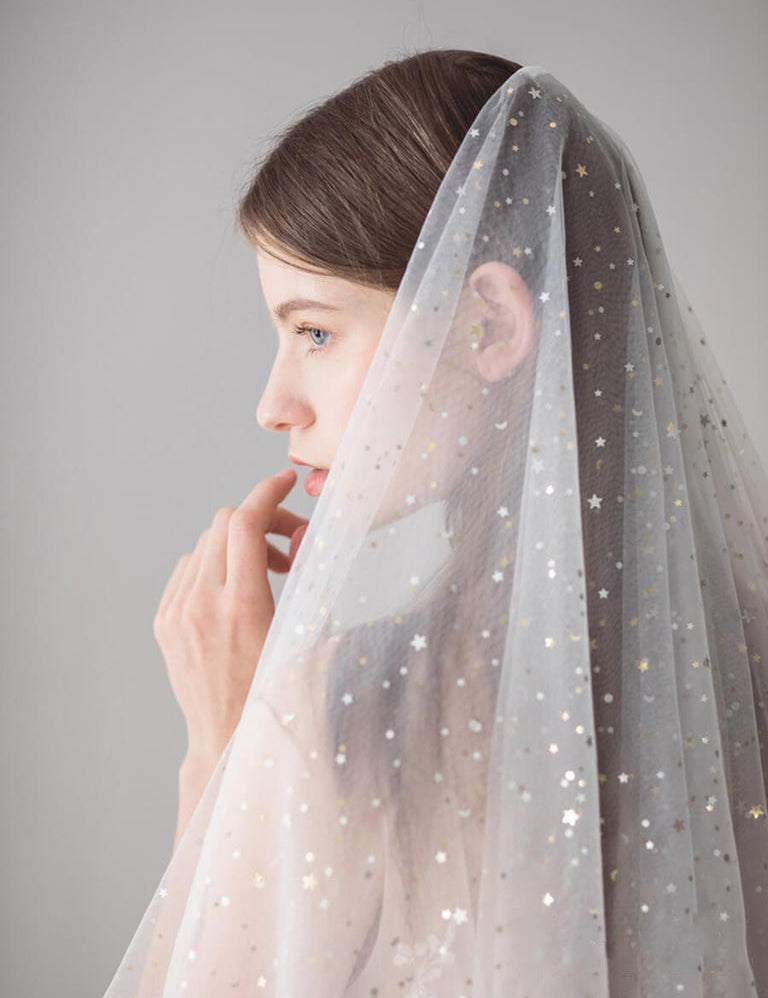 Shiny Bridal Veils with Gold Star Sparkly Wedding Veil