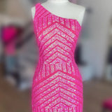 Hot Pink Sheath One Shoulder Sequins Short Homecoming Dress