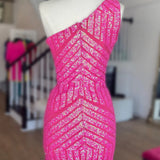 Hot Pink Sheath One Shoulder Sequins Short Homecoming Dress