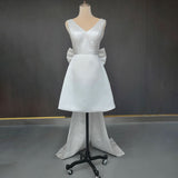 A-Line Satin V-Neck Short Wedding Dress with Large Bow