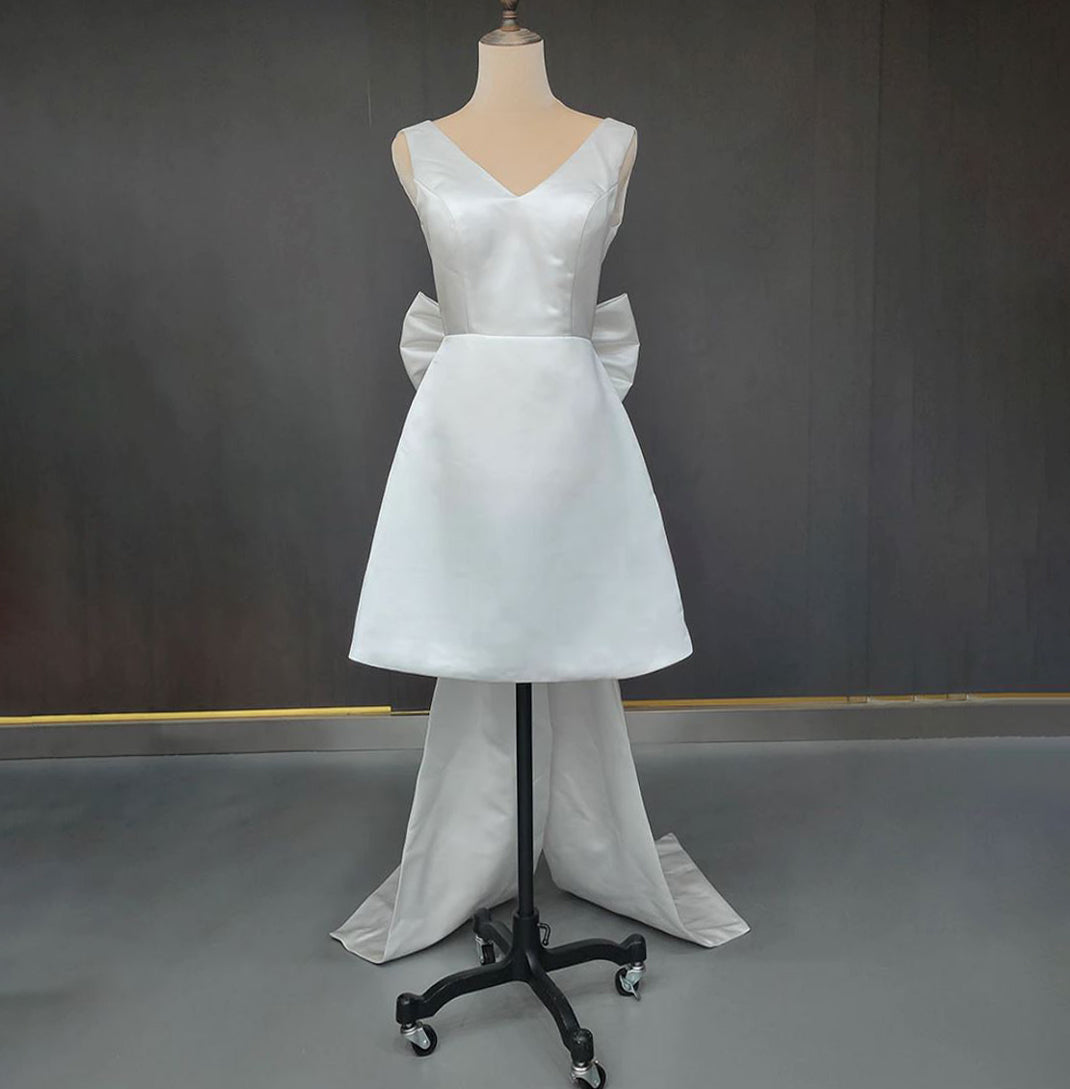 A-Line Satin V-Neck Short Wedding Dress with Large Bow