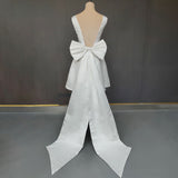 A-Line Satin V-Neck Short Wedding Dress with Large Bow