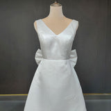 A-Line Satin V-Neck Short Wedding Dress with Large Bow