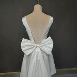 A-Line Satin V-Neck Short Wedding Dress with Large Bow