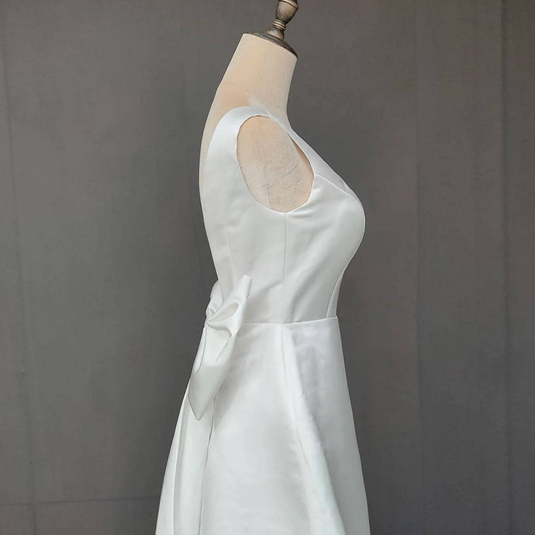 A-Line Satin V-Neck Short Wedding Dress with Large Bow