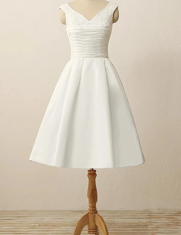 Short V-Neck Pleats Beading Appliques Zipper Satin Wedding Dress