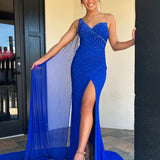 Silkveil | One Shoulder Mermaid Royal Blue Chiffon Long Prom Dresses with Beading