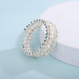 Silver 3 Row Pearl Layered Adjustable Stretch Wrap Cuff Bracelets with Rhinestone