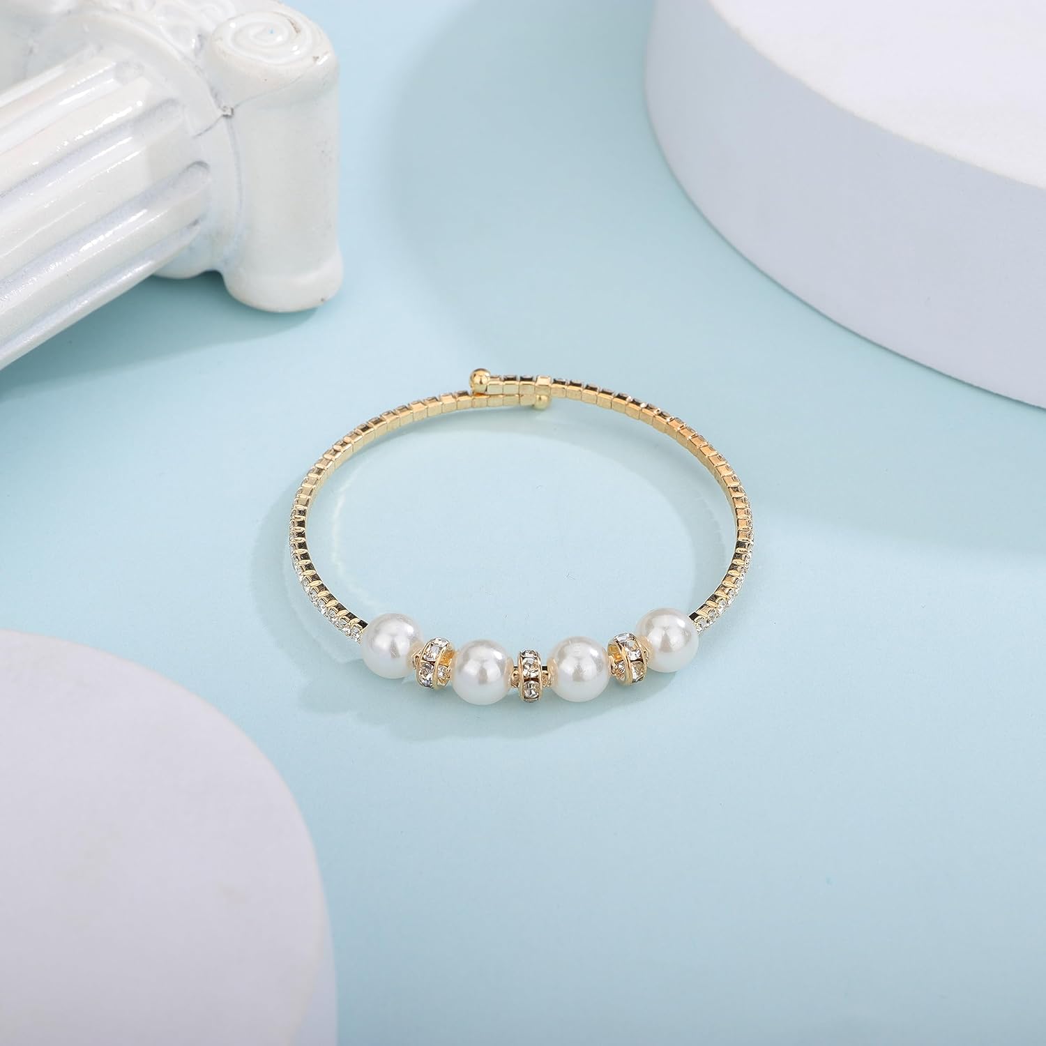 Gold Open Cuff Pearl Bracelets with Rhinestone