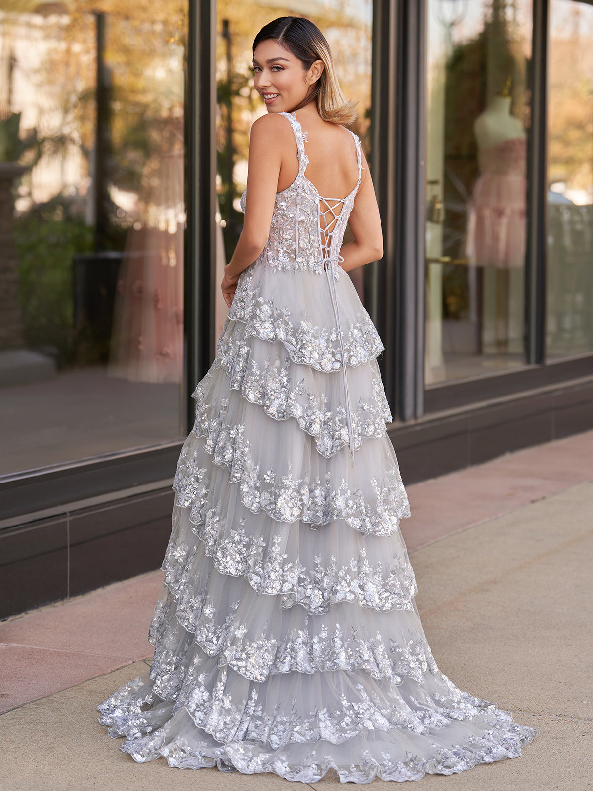 A-Line Lace Off-the-Shoulder Tiered Long Prom Dress with Slit