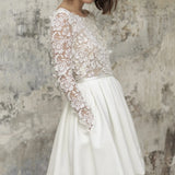 Simple A Line Short Knee-length Satin Lace Bateau Long Sleeve Wedding Dress