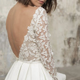 Simple A Line Short Knee-length Satin Lace Bateau Long Sleeve Wedding Dress