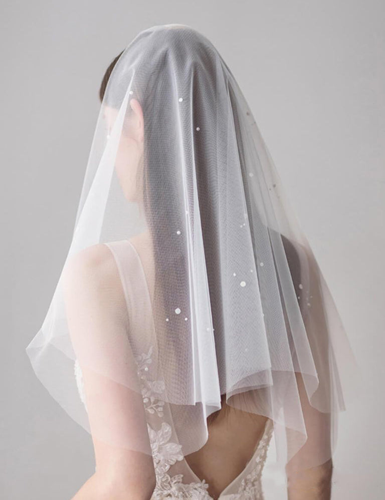 Simple Ivory Tulle Wedding Veil Waist Length with Pearls