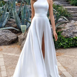 Simple Modest A-Line Halter Maxi Wedding Dress