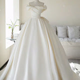 Simple A-line Off The Shoulder Satin ivory Long Wedding Dress