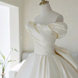 Simple A-line Off The Shoulder Satin ivory Long Wedding Dress