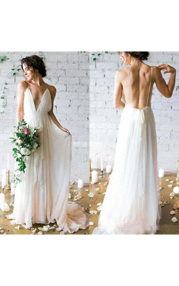 A-Line V Neck Straps Spaghetti Sheath Chiffon Wedding Dress