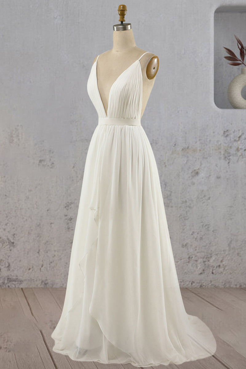 A-Line V Neck Straps Spaghetti Sheath Chiffon Wedding Dress