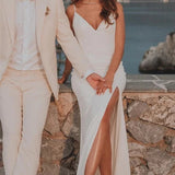 Simple Mermaid Satin Wedding Dress With Split Front And Deep-V Back