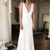 Simple Sleeveless Plunging Satin Wedding Dress With Illusion Deep V-back And Lace