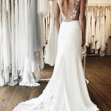 Simple Sleeveless Plunging Satin Wedding Dress With Illusion Deep V-back And Lace