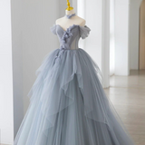 Smoke Gray Ball Gown Off The Shoulder Lace-Up Back Quinceanera Dress