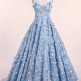 Spaghetti Strap 3D Flower Applique Sky Blue Prom Dresses Ball Gowns