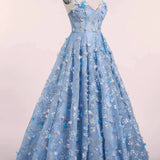 Spaghetti Strap 3D Flower Applique Sky Blue Prom Dresses Ball Gowns