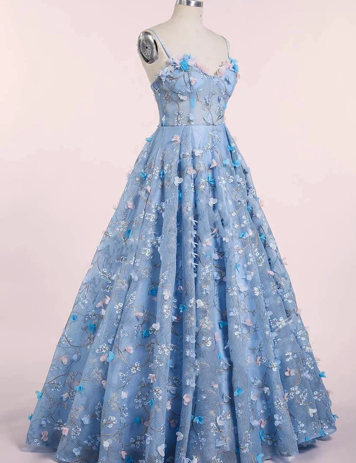 Spaghetti Strap 3D Flower Applique Sky Blue Prom Dresses Ball Gowns