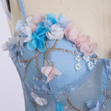 Spaghetti Strap 3D Flower Applique Sky Blue Prom Dresses Ball Gowns