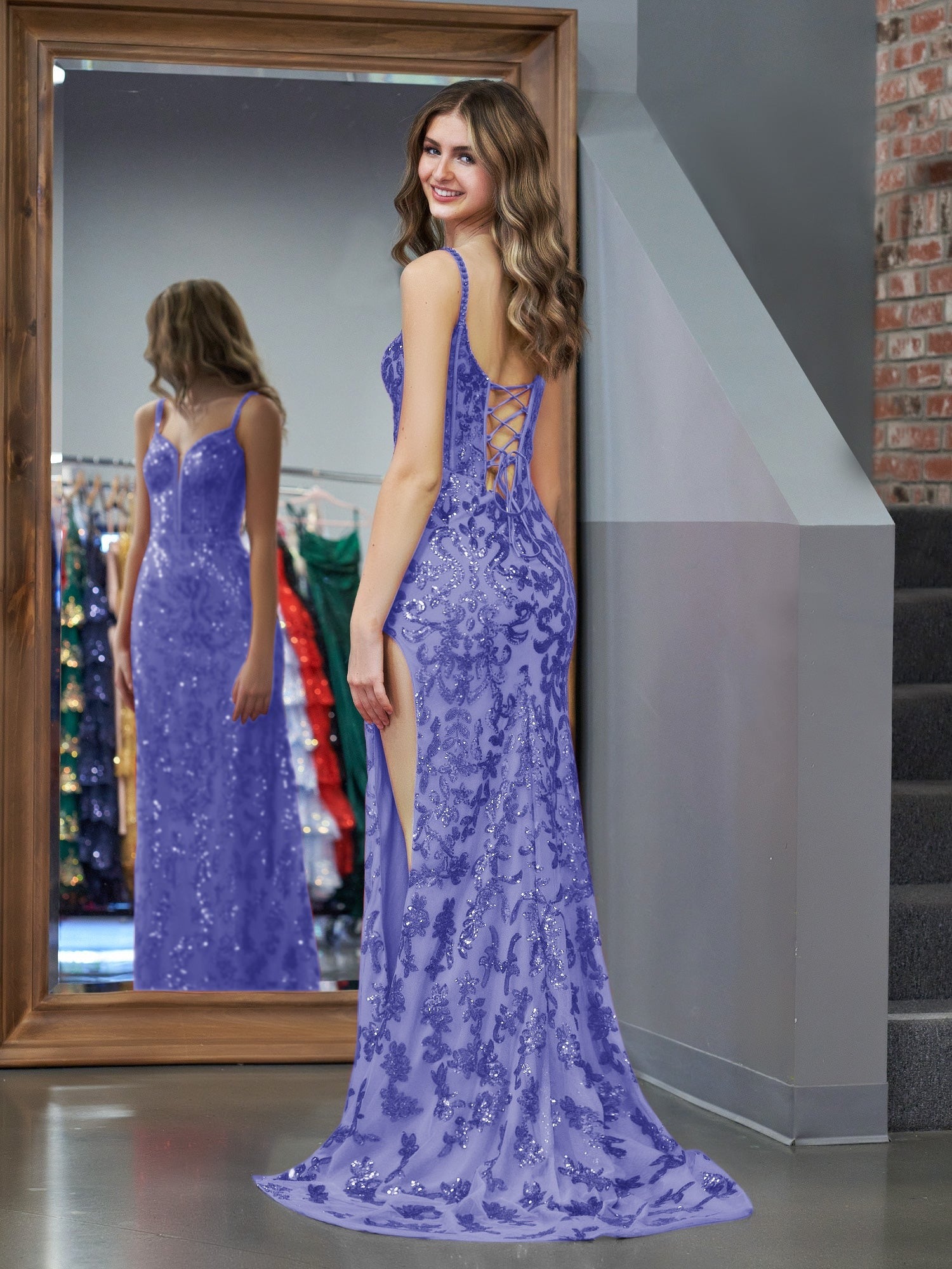 Sparkly Blue Sheath Sequins Long Prom Dress with Slit