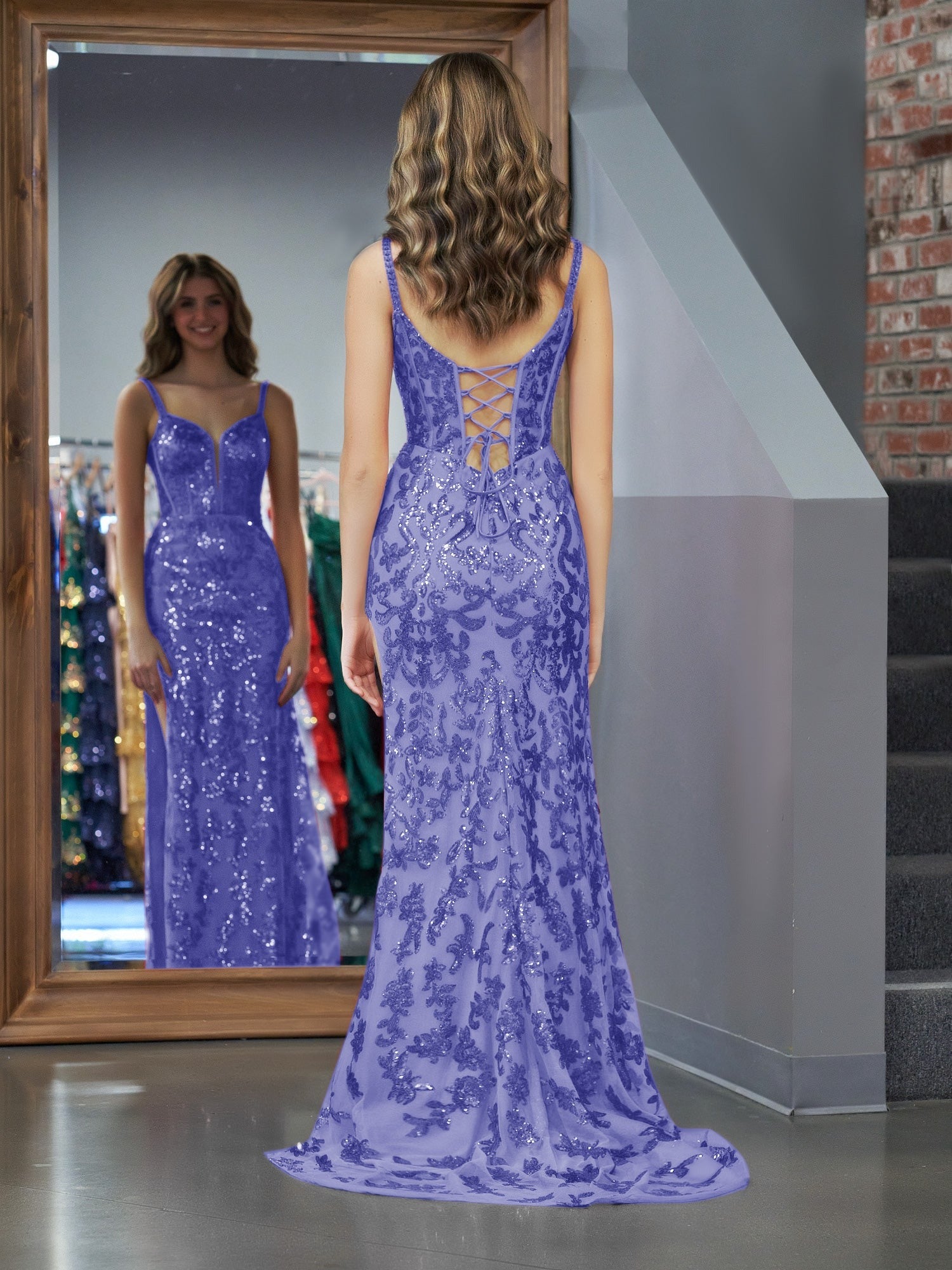 Sparkly Blue Sheath Sequins Long Prom Dress with Slit