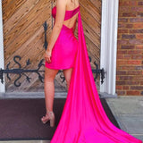 Sparkly Fuchsia Satin One Shoulder Train Tight Homecoming Dress