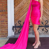 Sparkly Fuchsia Satin One Shoulder Train Tight Homecoming Dress