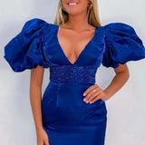 Sparkly Puff Sleeves Tight Short Homecoming Dress with Beading