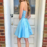 Square Neck A Line Sleeveless Satin Short Homecoming Dress