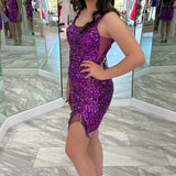 Square Neck Grape Sequin Fringe Short Homecoming Dress