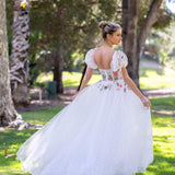 Corset Embroidered Tulle Sweep Train Prom Dress