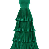 Khalani | Strapless Emerald Green Ruffle Multi-Layer Long Prom Dress