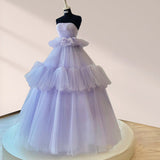 Strapless Pleated Tulle Ball Gown Tiered A Line Prom Dress Floor Length Party Dress